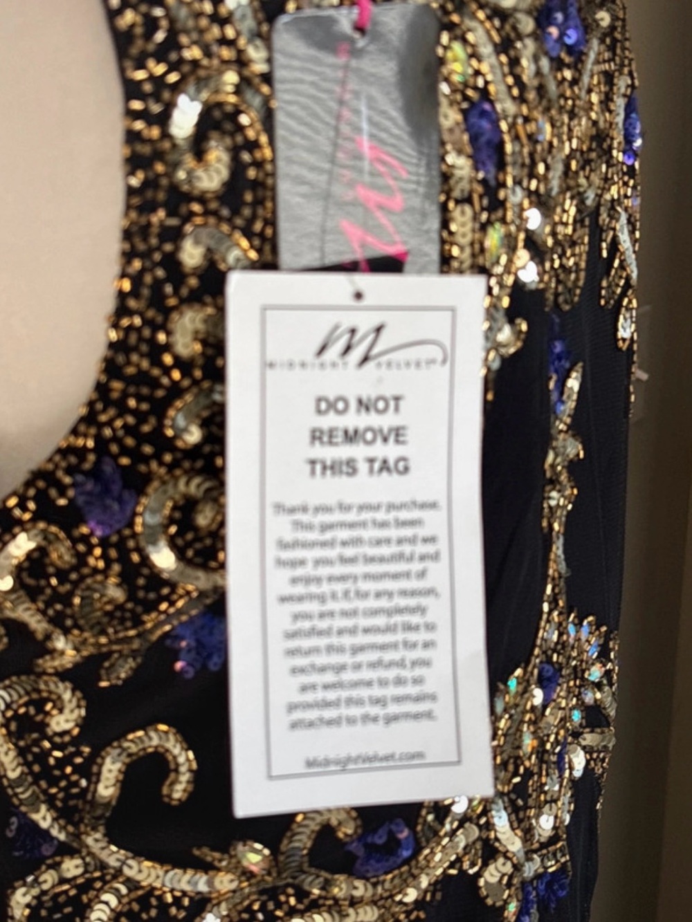 Midnight Velvet Black Evening Gown with Gold and Blue Embellishment - Picture 6 of 7